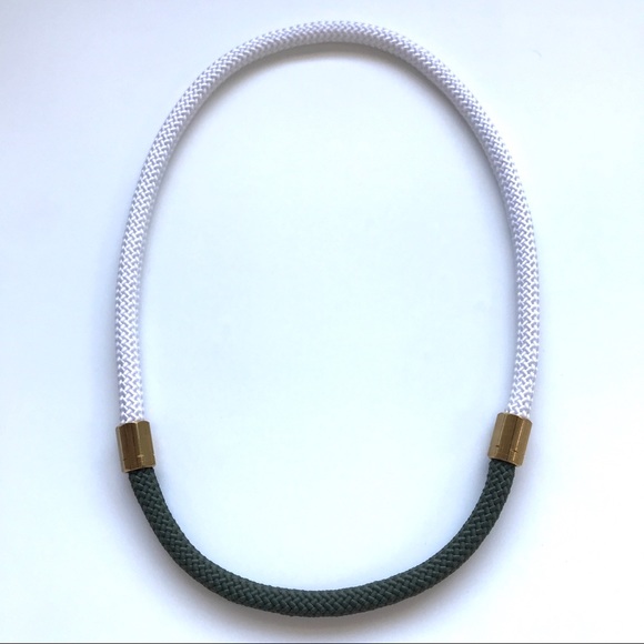 White + forest green statement necklace with hexagonal brass pieces - Picture 2 of 4